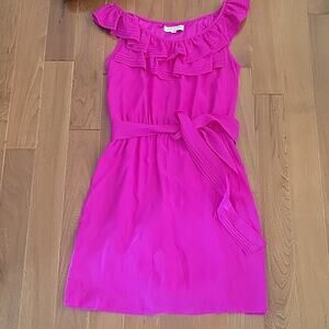 Amanda Uprichard bright florescent fuschia pink Silk Ruffle Neck Belted Dress M